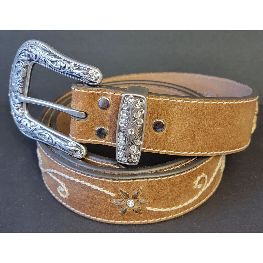 Nacona Women's Brown Leather Belt Plus Size 1.5" W, Rhinestone Buckle Embroidery